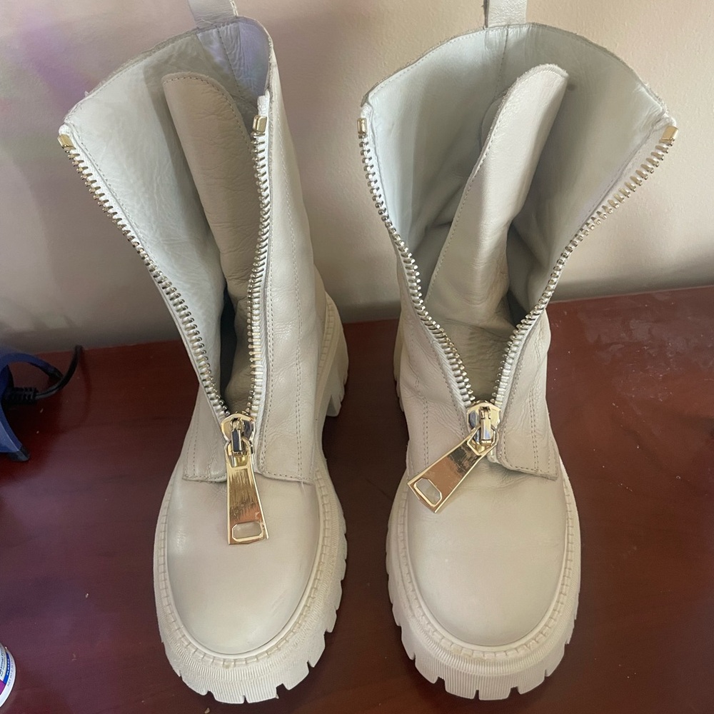 Cream Combat Boots with Front Zipper and Rugged Soles